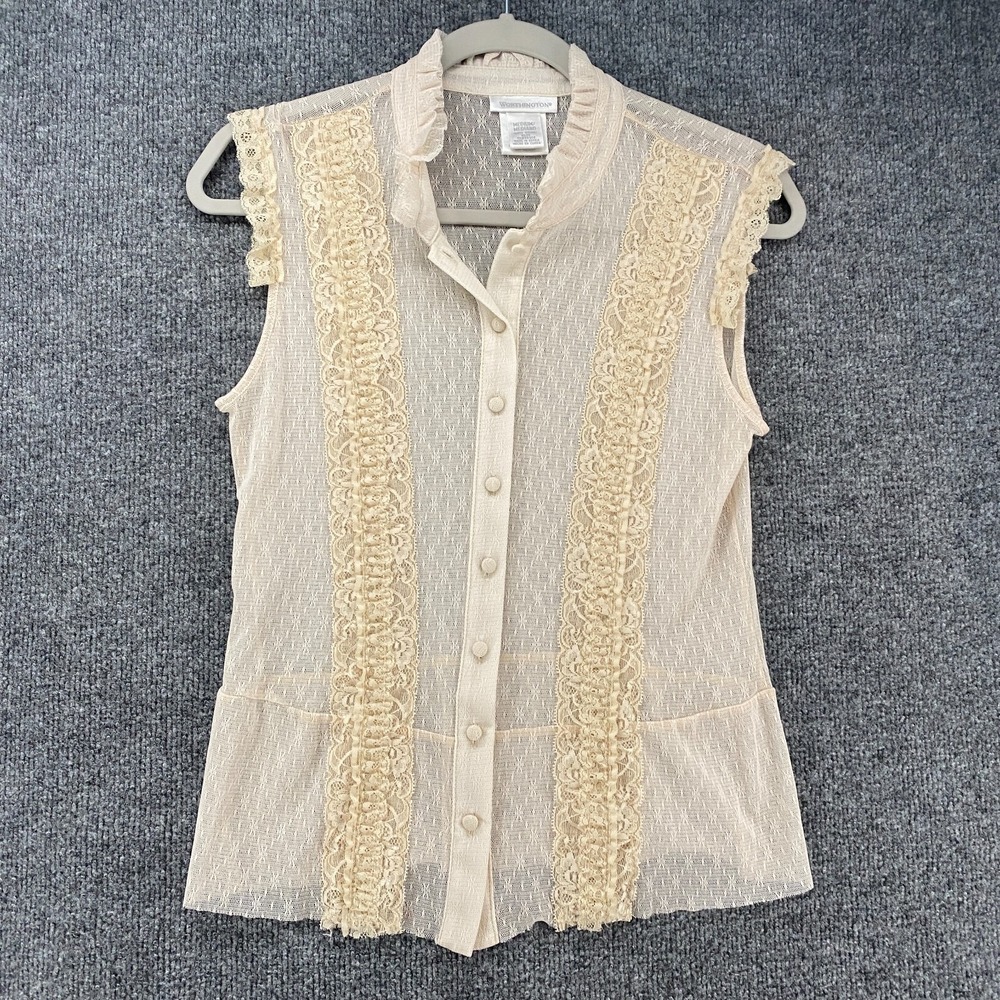 Worthington Blouse Top Womens M Beige Sheer Button Up Victorian Feminine Peasant